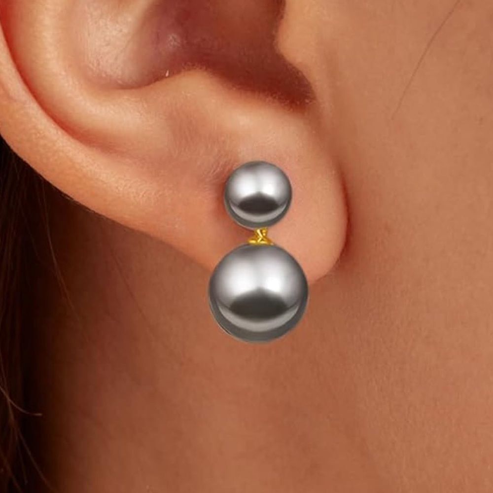 Women’s Double Bead Pearl Earrings 925 Sterling Silver Gold Dangle Drop Studs